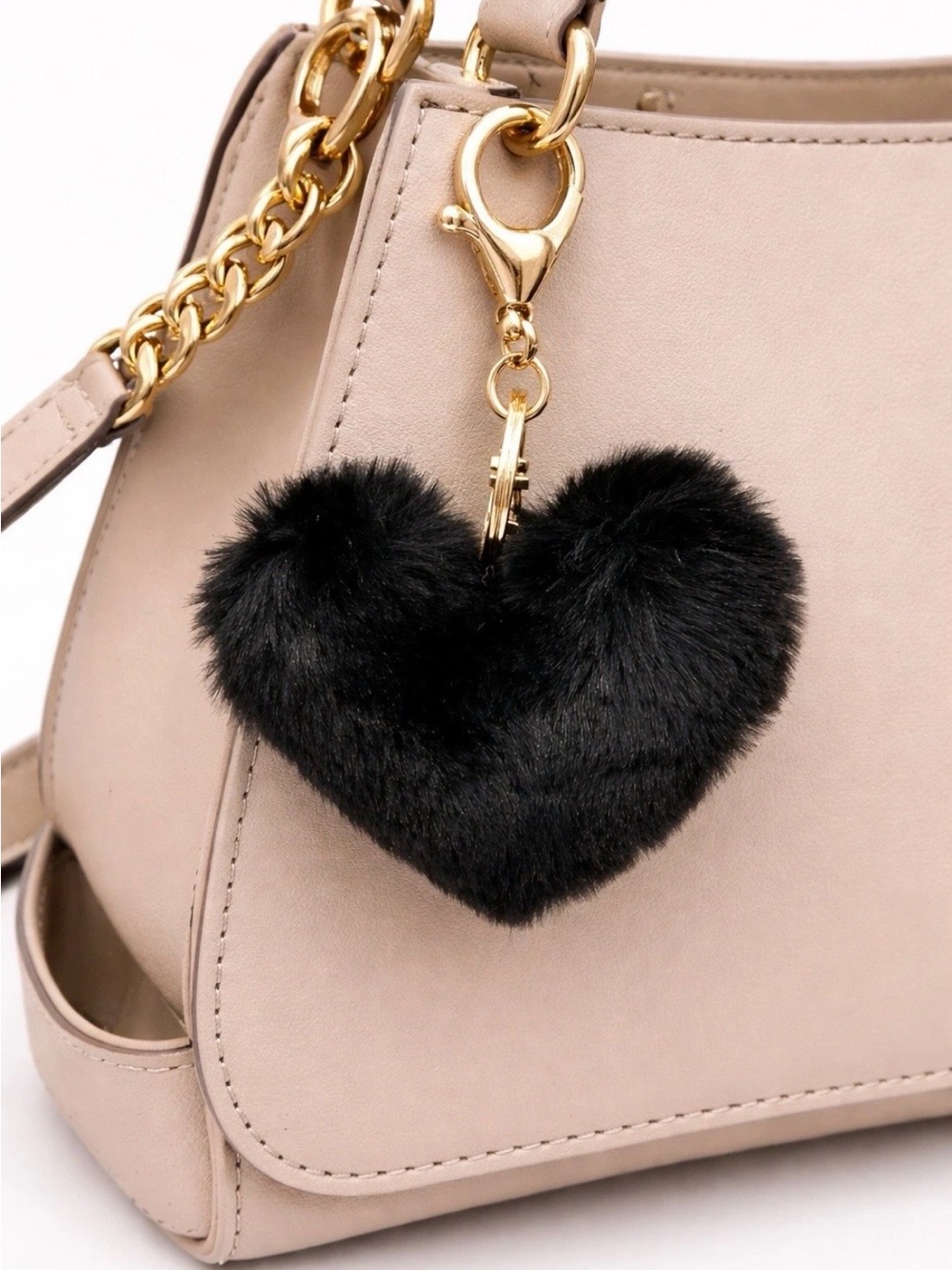 Black Faux Fur Heart Bag Charm Keychain Gold Tone Lobster Clasp Purse Accessory